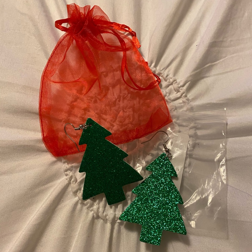 Green Glittery Christmas Tree Dangle Earrings
